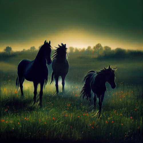 beyondchaos horses in a grass field forest background dusk dim  636a7b1c-5cf0-403f-959c-6227d79c6df2